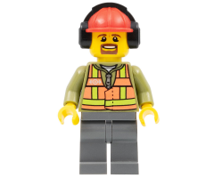 Light Orange Safety Vest, Dark Bluish Gray Legs, Red Construction Helmet with Headset, Brown Moustache and Goatee