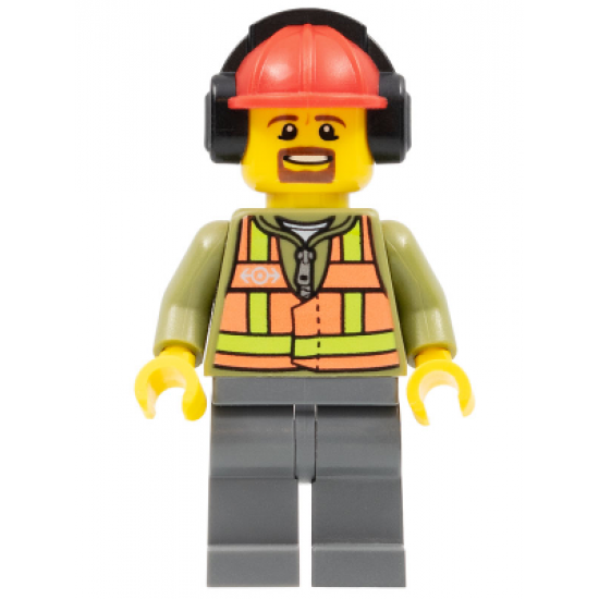 Light Orange Safety Vest, Dark Bluish Gray Legs, Red Construction Helmet with Headset, Brown Moustache and Goatee