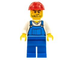 Overalls Blue over V-Neck Shirt, Blue Legs, Red Construction Helmet, Crooked Smile and Scar