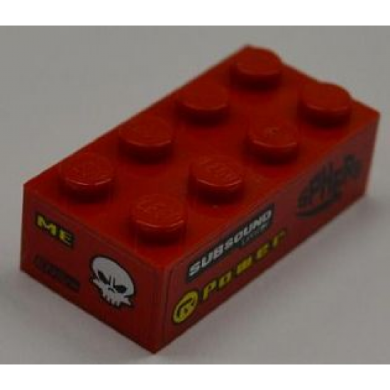 Brick 2 x 4 with 'SUBSOUND LIMITER', 'POWER' and 'SPHERE' on Right Side and 'ME', 'ENGYNE' and White Skull on End Pattern (Stickers) - Set 8186