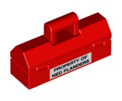 Minifigure, Utensil Toolbox with Black 'PROPERTY OF NED FLANDERS' on White Rectangle Pattern