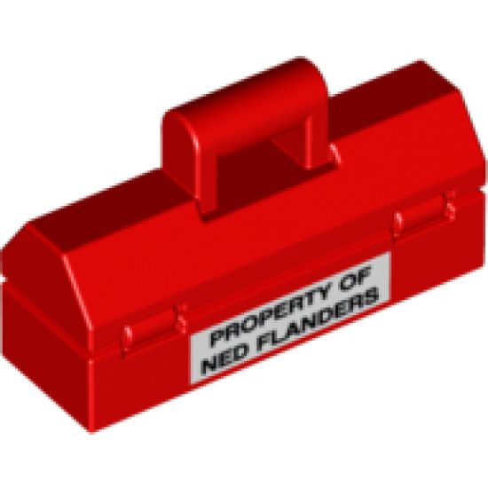 Minifigure, Utensil Toolbox with Black 'PROPERTY OF NED FLANDERS' on White Rectangle Pattern