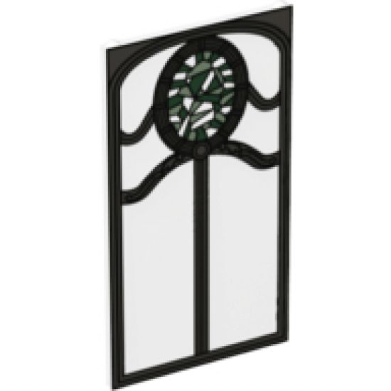 Glass for Window 1 x 4 x 6 with Ornate Silver Frame and Dark Green and Sand Green Oval Stained Glass Pattern
