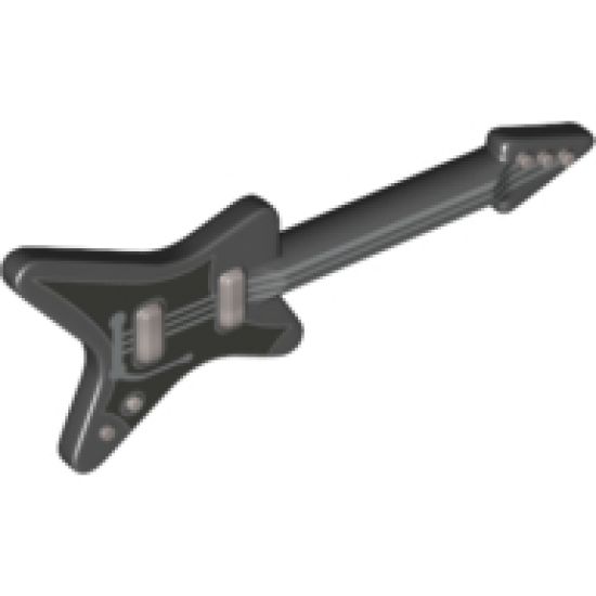 Minifigure, Utensil Guitar Electric 'ML' Type with Pearl Dark Gray Pickguard and Silver Strings, Bridge and Whammy Bar Pattern