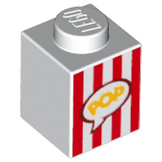 Brick 1 x 1 with Red Vertical Stripes and Yellow 'POP' in Speech Bubble (Popcorn Box) Pattern