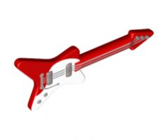 Minifigure, Utensil Guitar Electric 'ML' Type with Curved White Pickguard and Silver Strings, Bridge and Whammy Bar Pattern