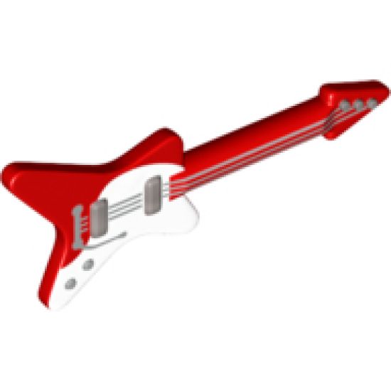 Minifigure, Utensil Guitar Electric 'ML' Type with Curved White Pickguard and Silver Strings, Bridge and Whammy Bar Pattern