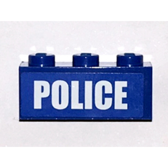 Brick 1 x 3 with White 'POLICE' Bold Narrow Small Font on Blue Background Pattern (Sticker) - Set 4438