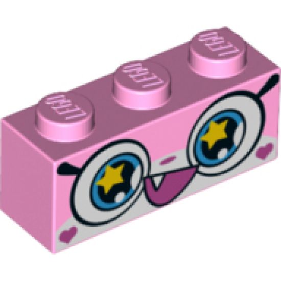 Brick 1 x 3 with Cat Face Wide Eyes with Yellow Stars and Smiling Open Mouth with One Tooth Pattern (Rainbow Unikitty)