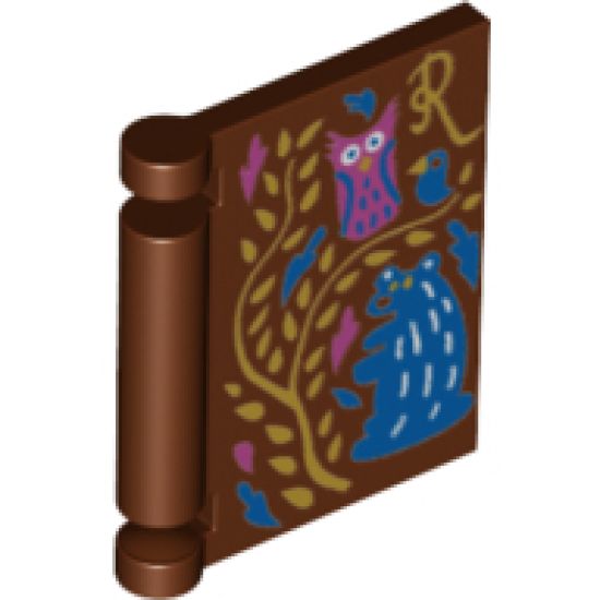 Minifigure, Utensil Book Cover with Gold Vine and Script Letter R, Blue Bird and Groundhog, Dark Pink Owl Pattern