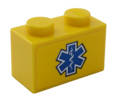 Brick 1 x 2 with Blue EMT Star of Life on Yellow Background Pattern (Sticker) - Set 60203