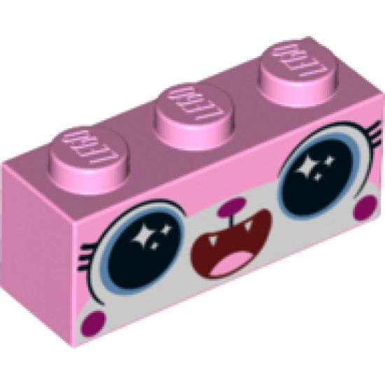 Brick 1 x 3 with Cat Face Open Mouth Smile Showing Tongue and Teeth Pattern (Disco Kitty)