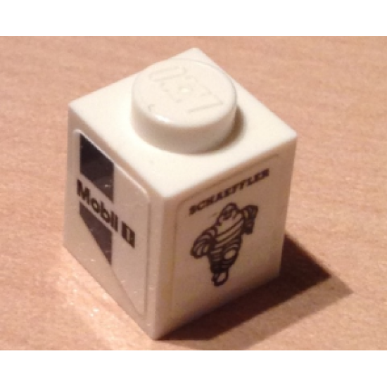 Brick 1 x 1 with 'Mobil 1' and Dark Bluish Gray Markings and 'SCHAEFFLER' with Michelin Logo Pattern Model Left Side (Stickers) - Set 75876