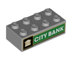 Brick 2 x 4 with White Bank on Black Background, White 'CITY BANK' on Green Background Pattern