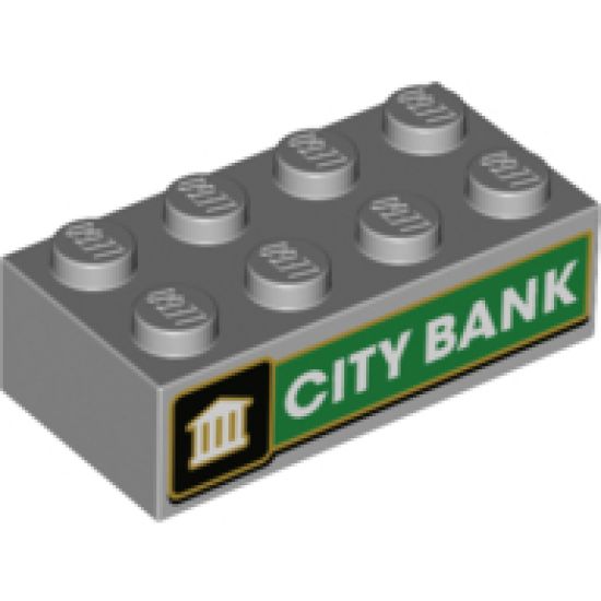 Brick 2 x 4 with White Bank on Black Background, White 'CITY BANK' on Green Background Pattern