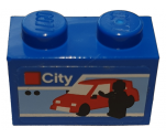 Brick 1 x 2 with White 'City', Red Car and Black Minifigure Silhouette Pattern (Sticker) - Set 40305