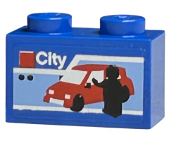 Brick 1 x 2 with White 'City', Red Car and Black Minifigure Silhouette Pattern (Sticker) - Set 40305