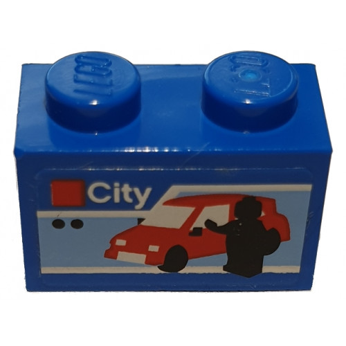 Brick 1 x 2 with White 'City', Red Car and Black Minifigure Silhouette Pattern (Sticker) - Set 40305