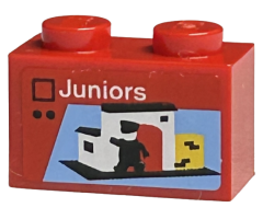 Brick 1 x 2 with White 'Juniors', White Building with Red Door on Black Baseplate and Minifigure Silhouette Pattern (Sticker) - Set 40305