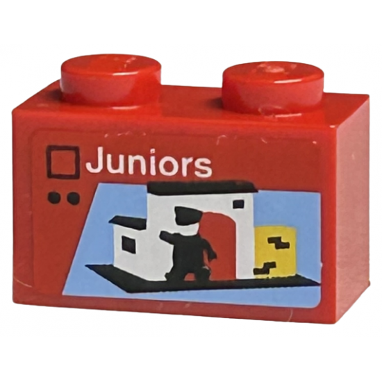 Brick 1 x 2 with White 'Juniors', White Building with Red Door on Black Baseplate and Minifigure Silhouette Pattern (Sticker) - Set 40305