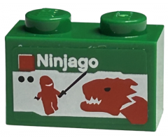 Brick 1 x 2 with White 'Ninjago', Red Minifigure Silhouette and Dragon Pattern (Sticker) - Set 40305