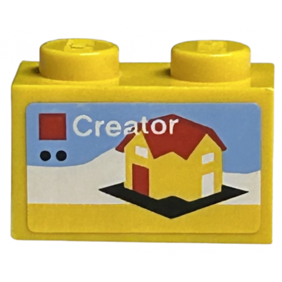Brick 1 x 2 with White 'Creator', Yellow House with Red Roof and Door on Black Baseplate Pattern (Sticker) - Set 40305