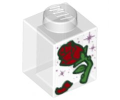 Brick 1 x 1 with Red Rose and Petal, Green Stem and Metallic Pink Stars Pattern