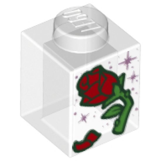 Brick 1 x 1 with Red Rose and Petal, Green Stem and Metallic Pink Stars Pattern