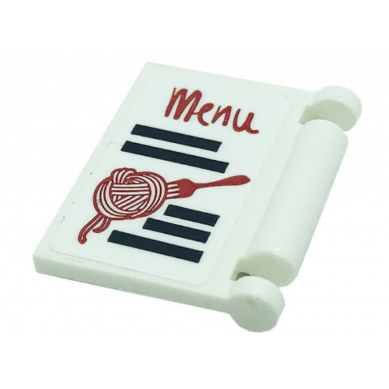 Minifigure, Utensil Book Cover with Black Stripes and Red 'Menu', Noodles, and Fork Pattern (Sticker) - Set 41379