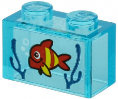 Brick 1 x 2 without Bottom Tube with Red Fish with Yellow Stripes and Dark Blue Seagrass on Transparent Background Pattern (Sticker) - Set 60266