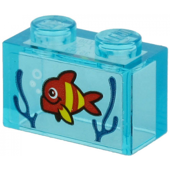 Brick 1 x 2 without Bottom Tube with Red Fish with Yellow Stripes and Dark Blue Seagrass on Transparent Background Pattern (Sticker) - Set 60266
