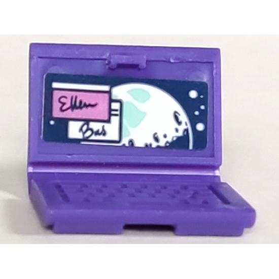 Minifigure, Utensil Computer Laptop with Screen with Script 'Ellen' and 'Bas', White and Light Aqua Moon and Stars Pattern (Sticker) - Set 41395