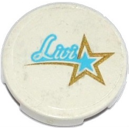 Tile, Round 2 x 2 with Bottom Stud Holder with 'Livi' and Gold and Medium Azure Star Pattern (Sticker) - Set 41105