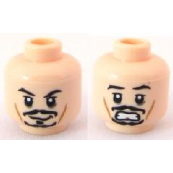 Minifigure, Head Dual Sided PotC Jack Sparrow Moustache, Smile / Scared Pattern - Blocked Open Stud