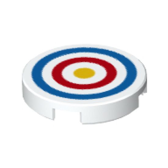 Tile, Round 2 x 2 with Bottom Stud Holder with Blue and Red Circles and Yellow Dot Archery Target Pattern