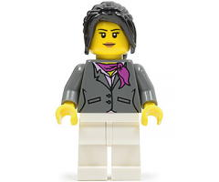 Dark Bluish Gray Jacket with Magenta Scarf, White Legs, Black Hair Ponytail Long with Side Bangs (City Square Car Saleswoman)