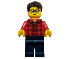 Plaid Flannel Shirt with Collar and 5 Buttons, Dark Blue Legs, Dark Brown Hair, Glasses