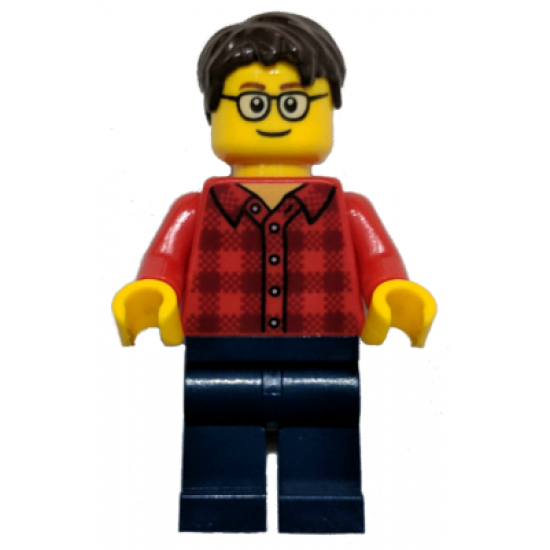 Plaid Flannel Shirt with Collar and 5 Buttons, Dark Blue Legs, Dark Brown Hair, Glasses