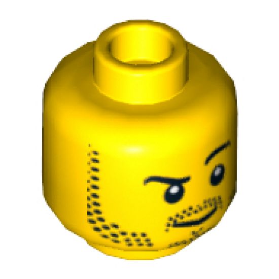 Minifigure, Head Beard Stubble, Black Raised Right Eyebrow, Smirk Angled to Right, White Pupils Pattern - Hollow Stud