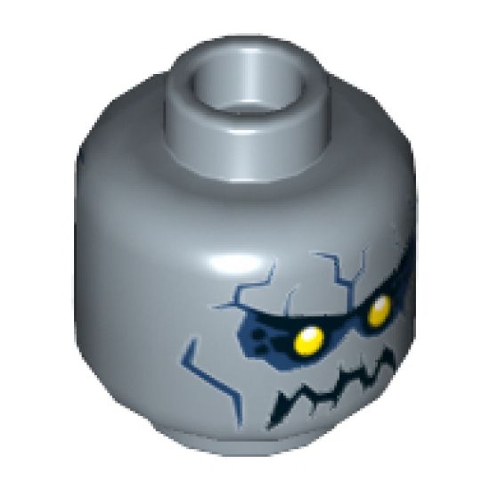 Minifigure, Head Alien with Yellow Eyes, Black Eyebrows and Jagged Rock Mouth, Dark Blue Eye Shadow and Stone Cracks Pattern - Hollow Stud