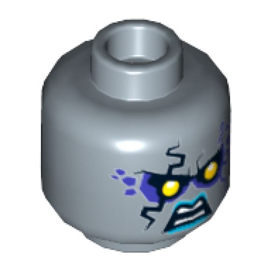 Minifigure, Head Dual Sided Alien with Yellow Eyes, Dark Purple Rock Effect, Blue Lips, Teeth, Open Mouth Angry / Evil Grin Pattern - Hollow Stud