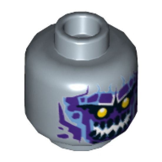 Minifigure, Head Dual Sided Alien with Yellow Eyes, Dark Purple Rock Teeth, Smile / Angry Pattern - Hollow Stud