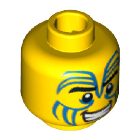 Minifigure, Head Face Paint with Blue Swirls, Black Eyebrows and Grin Pattern - Hollow Stud