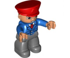 Duplo Figure Lego Ville, Male, Dark Bluish Gray Legs, Blue Jacket with Tie, Red Hat, Smile with Teeth (Train Conductor)