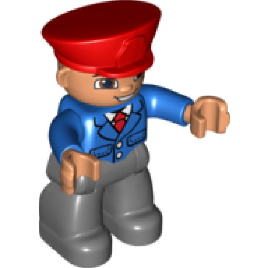 Duplo Figure Lego Ville, Male, Dark Bluish Gray Legs, Blue Jacket with Tie, Red Hat, Smile with Teeth (Train Conductor)