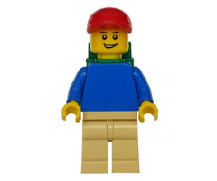 Plain Blue Torso with Blue Arms, Tan Legs, Red Short Bill Cap, Backpack
