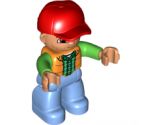 Duplo Figure Lego Ville, Male, Medium Blue Legs, Orange Vest, Dark Green Plaid Shirt, Bright Green Arms, Red Cap