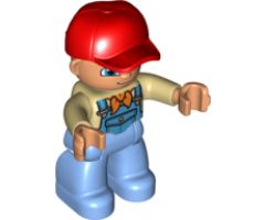 Duplo Figure Lego Ville, Male, Medium Blue Legs, Tan Top with Medium Blue Overalls, Bandana, Red Cap