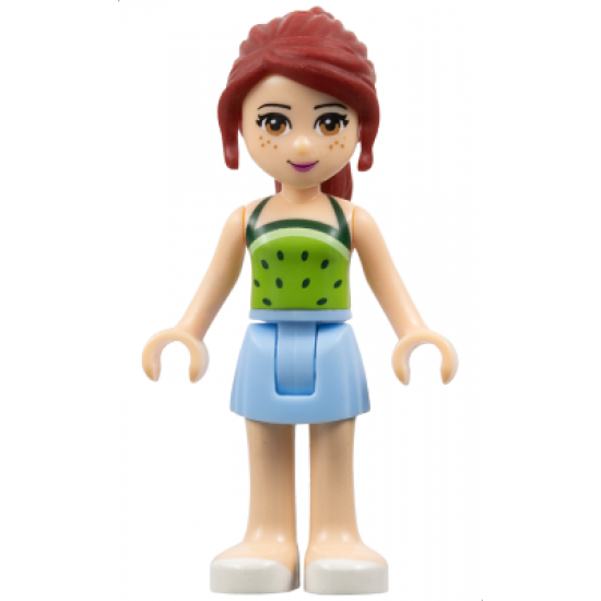 Friends Mia, Bright Light Blue Skirt, Lime Halter Top with Dark Green Dots