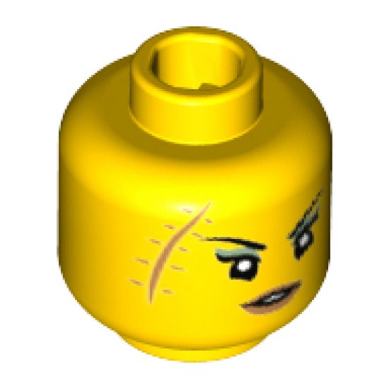 Minifigure, Head Female Black Thin Eyebrows, Large Scar with Stitches, Medium Nougat Lips, Open Slight Smile Pattern - Hollow Stud